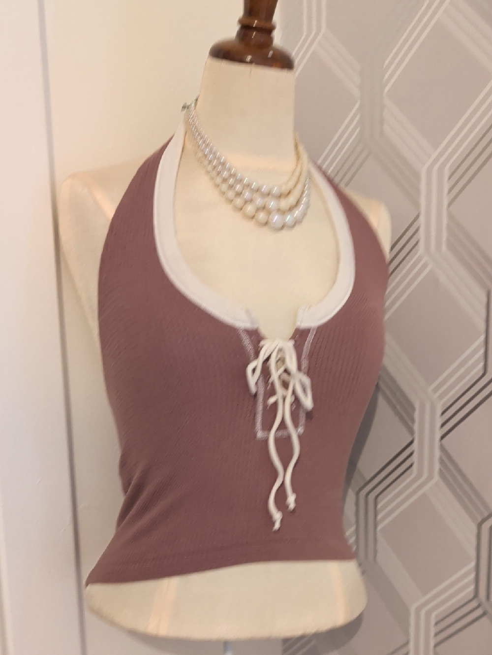 Out from Under Brown Lace-Up Ribbed Halter Tank with Cream Trim
